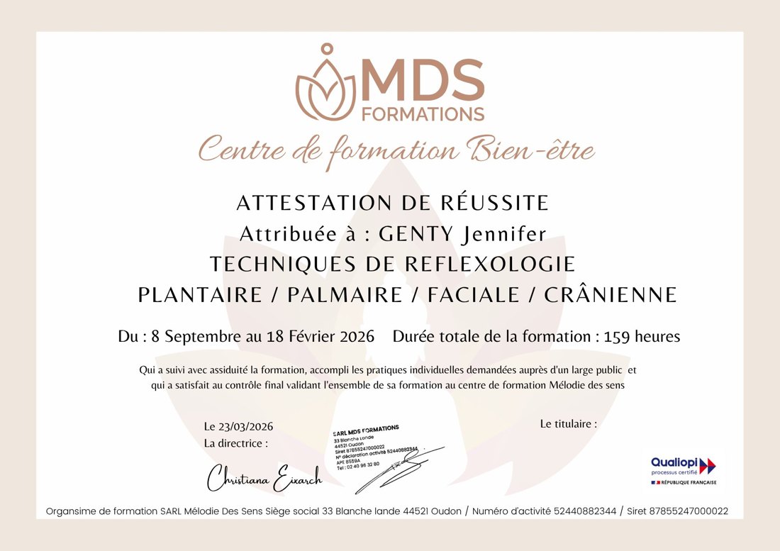 Attestation de réussite de Jennifer GENTY en techniques de réflexologie