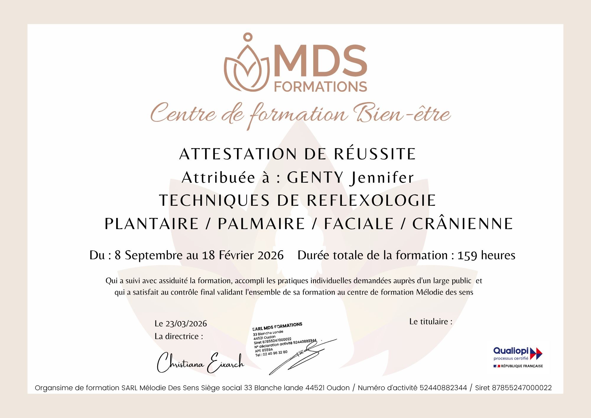 Diplôme de Jennifer GENTY en techniques de réflexologie
